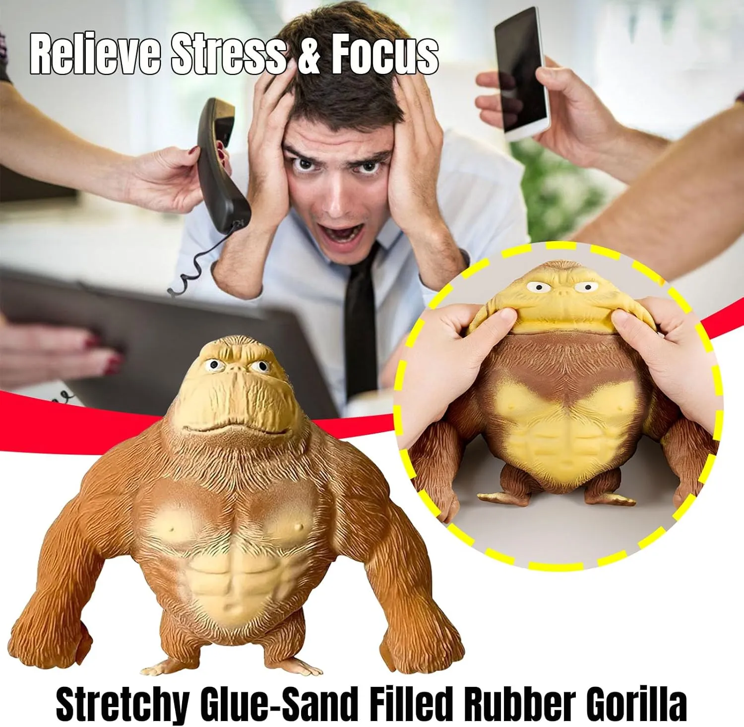 YHan Squeeze Monkey Toy – Stretchy Stress Relief Gorilla with Sand Filling, Soft & Elastic Sensory Fidget Toy for Autism, ADHD & Anxiety – Non-Toxic Latex, Fun Gifts for Kids & Adults (Medium, Brown)