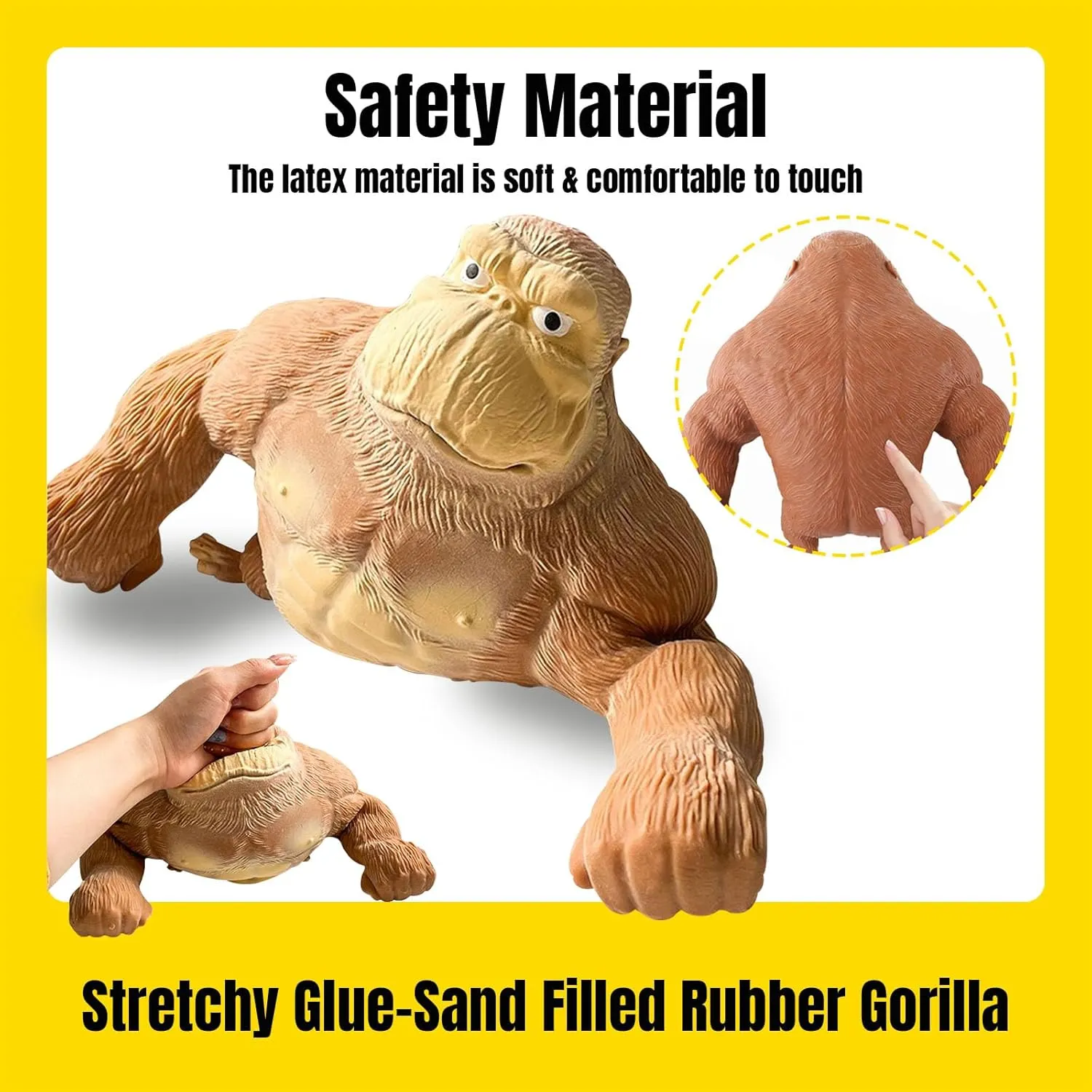 YHan Squeeze Monkey Toy – Stretchy Stress Relief Gorilla with Sand Filling, Soft & Elastic Sensory Fidget Toy for Autism, ADHD & Anxiety – Non-Toxic Latex, Fun Gifts for Kids & Adults (Medium, Brown)