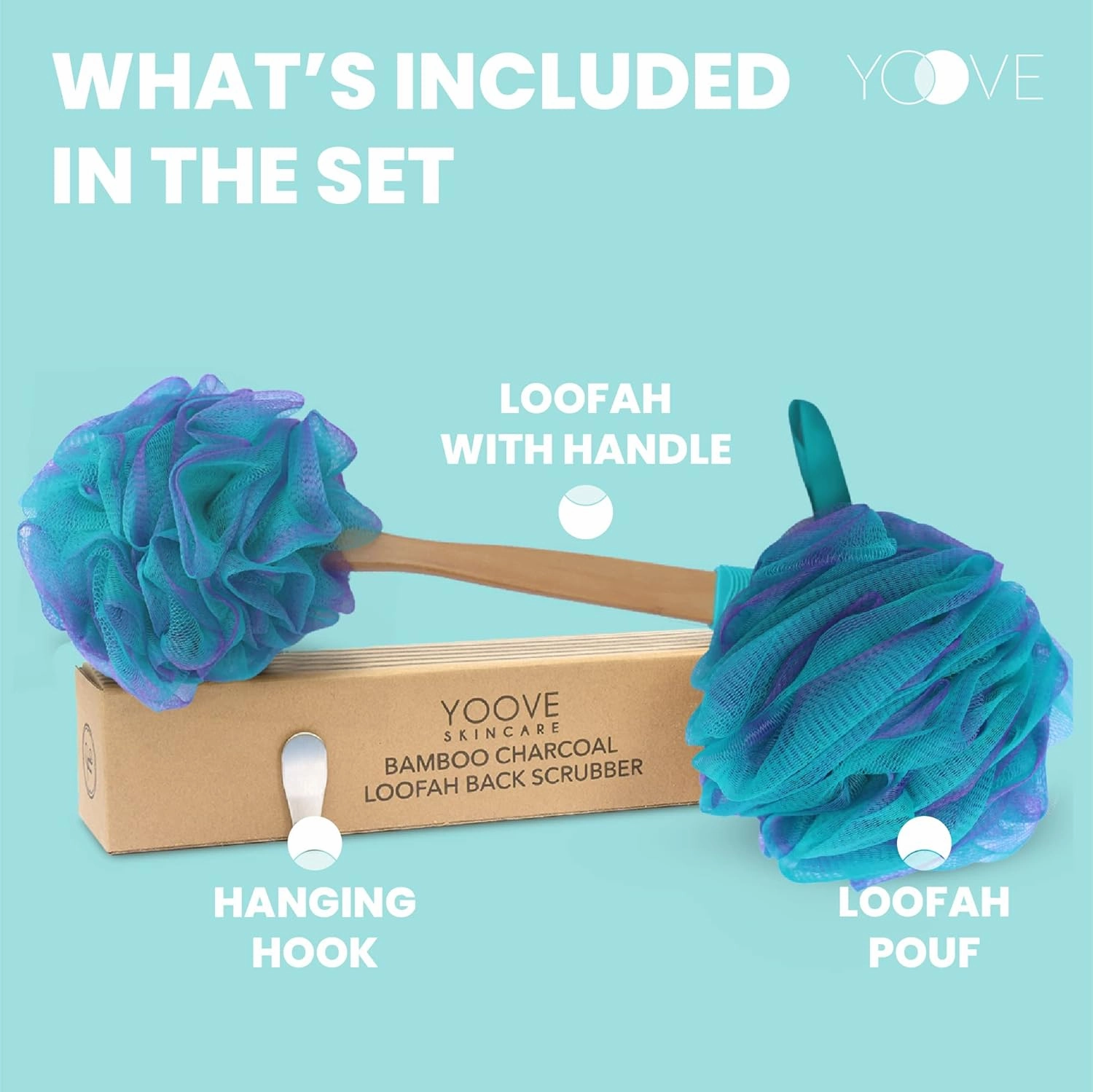 Yoove Bath Pouf with Handle - Body Scrubber Green Loofah for Women - Charcoal Infused Shower Loofah Sponge with Handle - Back Scrubber - Back Shower Sponge