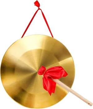 ZEAYEA 12.6 inch Gong Instrument, Chinese Traditional Percussion Instrument Copper Gong with Beater and Red Hanging Ribbon for Celebration, Party, Festivals