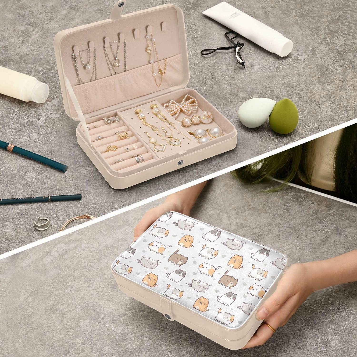 ZZKKO Travel Jewelry Case Cute Kawaii Cats Small Jewelry Boxes for Women Portable Jewelry Travel Organizer Storage Box for Earrings Ring Necklace White