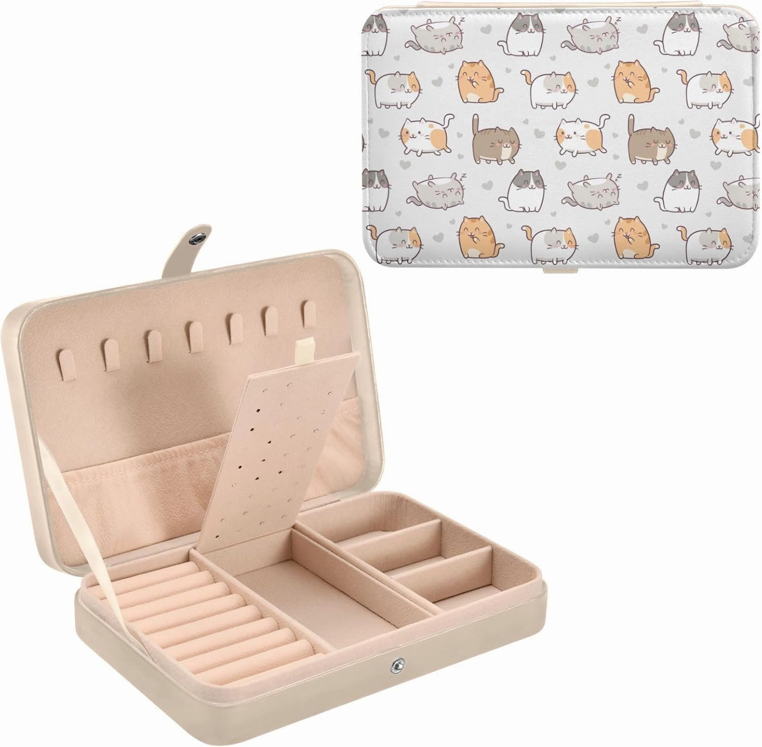 ZZKKO Travel Jewelry Case Cute Kawaii Cats Small Jewelry Boxes for Women Portable Jewelry Travel Organizer Storage Box for Earrings Ring Necklace White